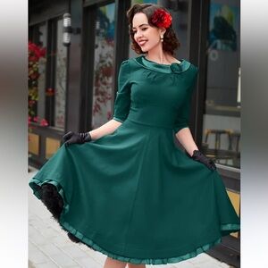 Belle Poque Green Vintage Inspired Round Neck Holiday A Line Dress Size Medium